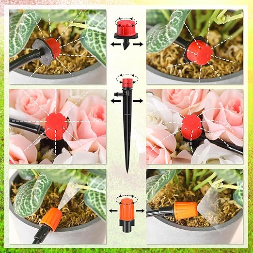 30 Pcs Drip Irrigation Kits with 10 Pcs 1/4 Drip Irrigation Emitters10 Pcs 360 Degree Adjustable Irrigation Drippers Sprinklers and 10 Pcs 3 Way Atomizing Nozzles for (4-7mm) Watering Patio