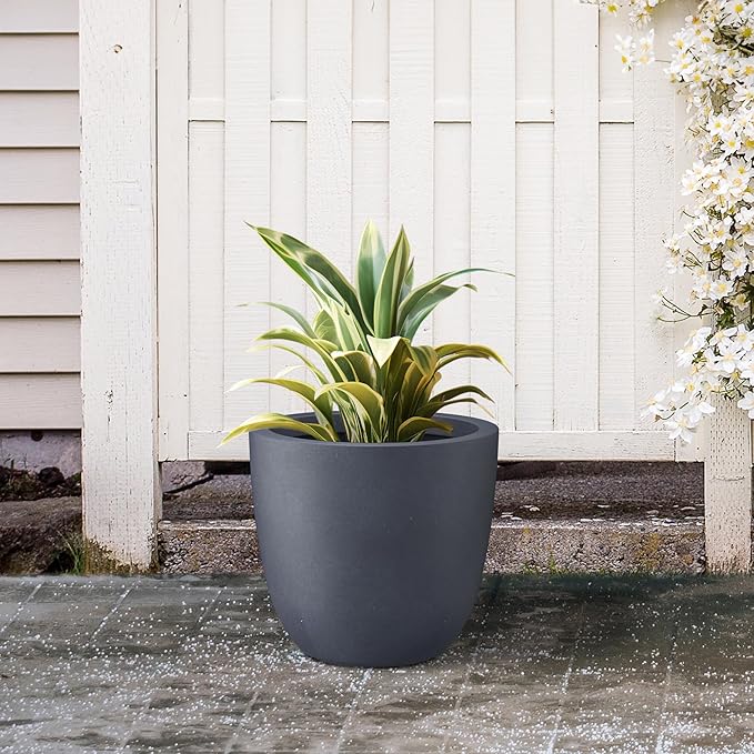 Kante 14 Inch Dia Round Concrete Planter, Indoor Outdoor Large Plant Pot with Drainage Hole and Rubber Plug for Home Patio Garden, Charcoal