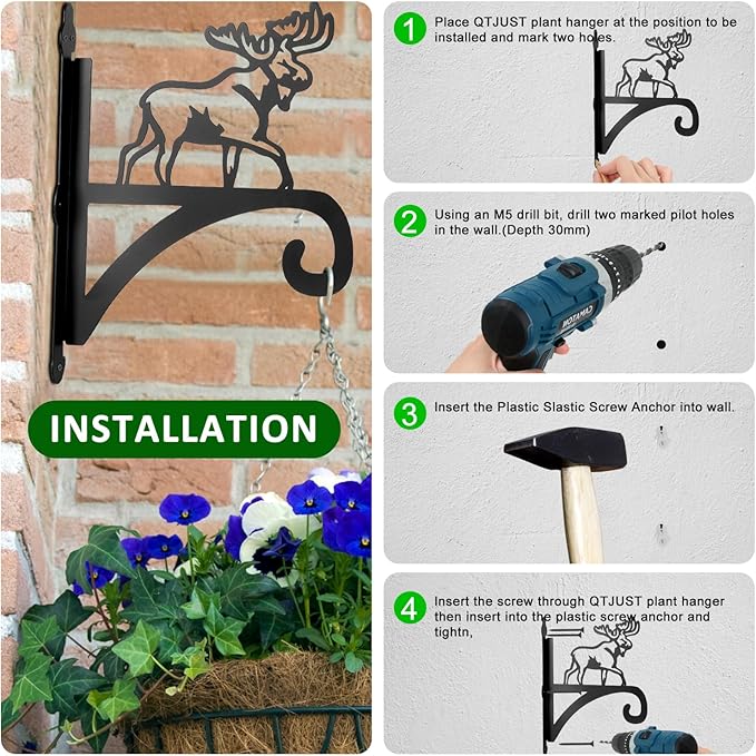 ATKKE Hanging Plant Bracket Hangers Indoor Iron Wall Mount,11” Moose Silhouette Ornamental Iron Hangers Hookers for Flower Pot Lantern Bird Feeder Wind Chimes