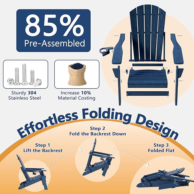 Folding Adirondack Chair with Cup Holder, HDPE All Weather Resistant Plastic Outdoor Patio Chairs, Heavy Duty Fire Pit Seating for Backyard Lawn Garden, Wooden Textured Design(Navy Blue)