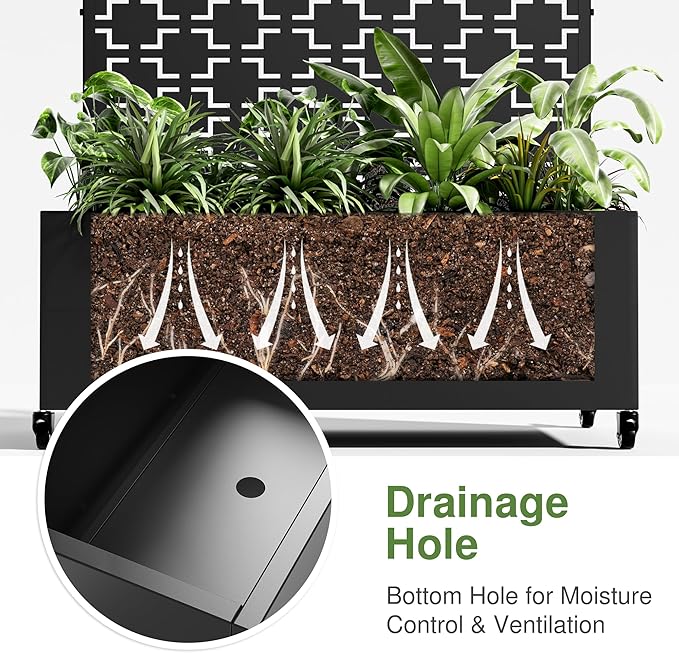 Casaphoria Metal Raised Garden Bed with Trellis and Wheels, 72"x47"x16" Planter Box for Climbing Plants, Vegetables & Vines, Features Drainage Holes and Privacy Screen (Black-Brick)