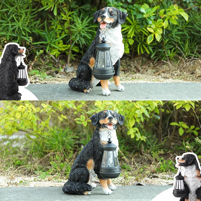 Afirst Dog Garden Statue - Outdoor Decor with Solar Lantern Lovely Bernese Mountain Dog Figurine Patio Lawn Yard Art Ornaments Housewarming Gift