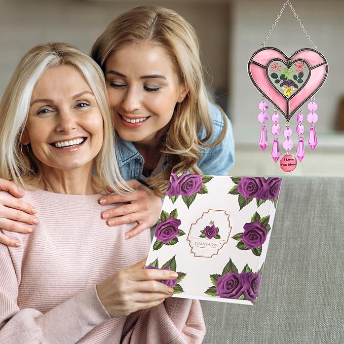 Gifts for Mom Suncatcher Heart Shaped I Love You Mom - Colored Glass Light Catcher Hanging Wind Chime Decorations Window Gifts Mother's Day Valentine's Day Birthday Christmas (Pink)