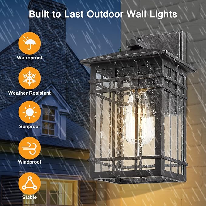 Outdoor Wall Lantern, Exterior Light Fixture Mount, 1-Light Waterproof Lighting With Seeded Glass for Porch, Garage, Patio, Hallway, Entryway, Black
