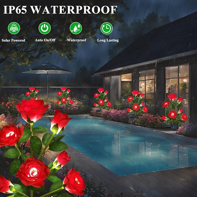 1 Pack Solar Garden Lights Outdoor, 7-Flower Rose Solar Lights for Yard, LED Solar Powered Stake Lights for Patio Pathway Lawn Fence Cemetery, Red