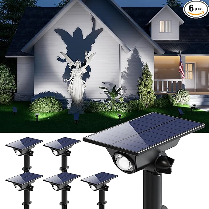 6 Pack Solar Power Spot Lights Outdoor Waterproof LED Dusk to Dawn Landscape Spotlight Lamp for Outside Yard, Tree, Flag, Plants, Garden, Statues, Outside, 3 Modes, 18 Hours Accent Ambient Lighting