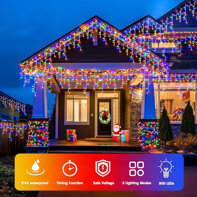 JMEXSUSS 800 LED Christmas Icicle Lights Outdoor Plug-in, Multicolor Waterproof, 8 Modes With 160 Drops for Bedroom House Holiday Party Decorations