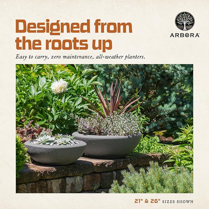 ARBORA 26" Santorini Bowl 2-Pack with Stone Blend Concrete Gray Finish - Polyresin Indoor and Outdoor Planters, Durable, Weatherproof, Lightweight, Large Plant Pots for Patio, Garden, Deck, Entryway