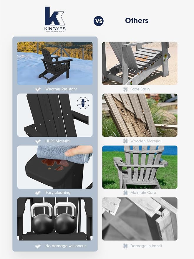KINGYES Folding Adirondack Chair Set of 4, Dual Cup Holders & All-Weather HDPE, Wood-Like Patio Chair for Backyard, Camping, Pool & Fire Pit, Black