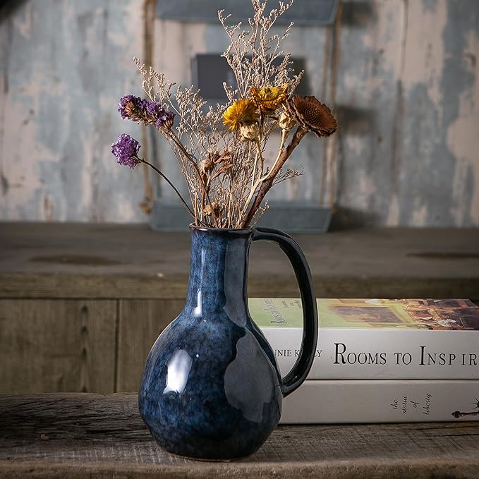 Blue Ceramic Vase with Big Handles, Modern Farmhouse Decor, Rustic Pottery for Flowers, Decorative Terracotta Centerpiece for Dining Table
