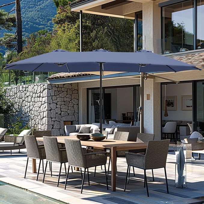 GREEN PARTY 15 ft Rectangle Patio Umbrella with Base Included, Double-Sided Table Umbrella with Crank, Large Outdoor Umbrellas for Patio Poolside Garden Backyard, Navy Blue