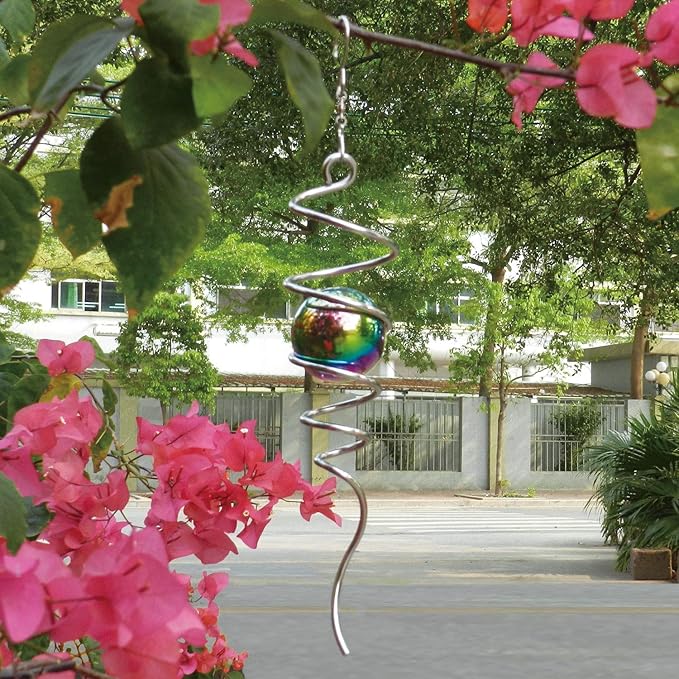 Fonmy Gazing Ball Spiral Tail -Decorative Wind Spinner 11 inch Tail and 2 inch Steel Orb. Indoor Outdoor Garden Decoration Silver Multi Color Ball -13 inch Height