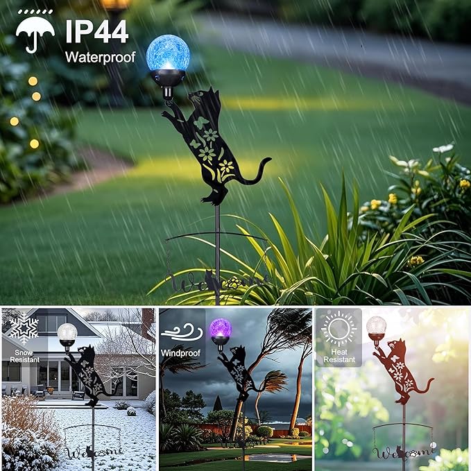 40’’ Metal Black Cat Silhouette Solar Garden Statue Outdoor with Color Changing Crackle Glass Ball Light Decorative Welcome Home Yard Sign Stakes