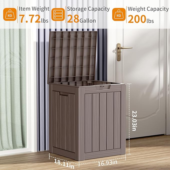 28 Gallon Resin Deck Box, Lockable Patio Outdoor Storage Box for Furniture, Garden Tools and Tools Storage, Waterproof Outside Storage Boxes - Grey