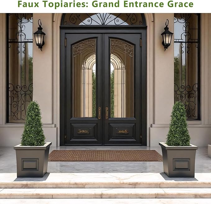 3ft Artificial Boxwood Topiary Trees (Set of 2) - UV Resistant Faux Plants Outdoor, Realistic 36" Fake Cone Bushes and Shrubs for Front Porch, Planter, Patio - Low Maintenance & Evergreen