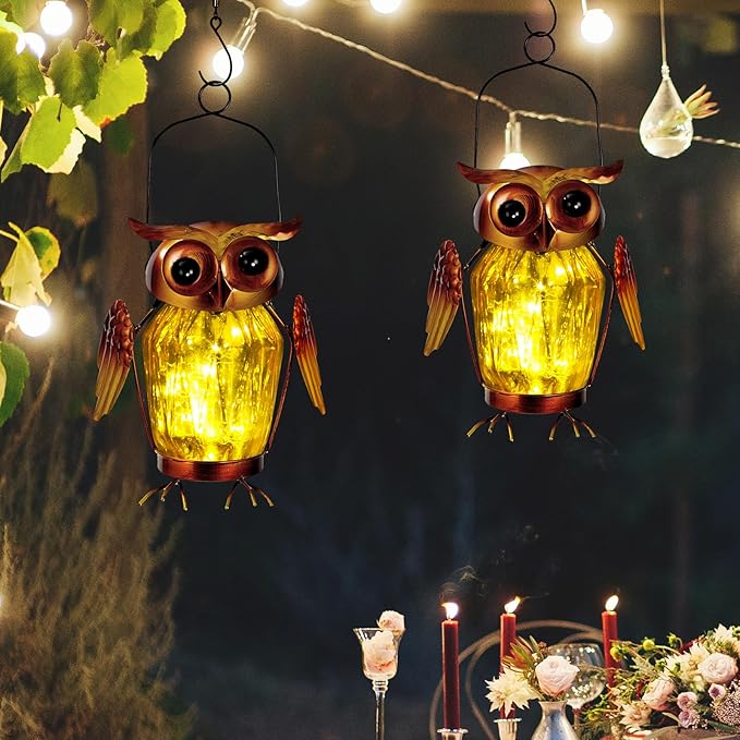 2 Pack Hanging Solar Lantern, Owl Solar Lanterns Outdoor Waterproof LED Glass Jar Lights for Garden Yard Tree Table Xmas Metal Decoration Lanterns