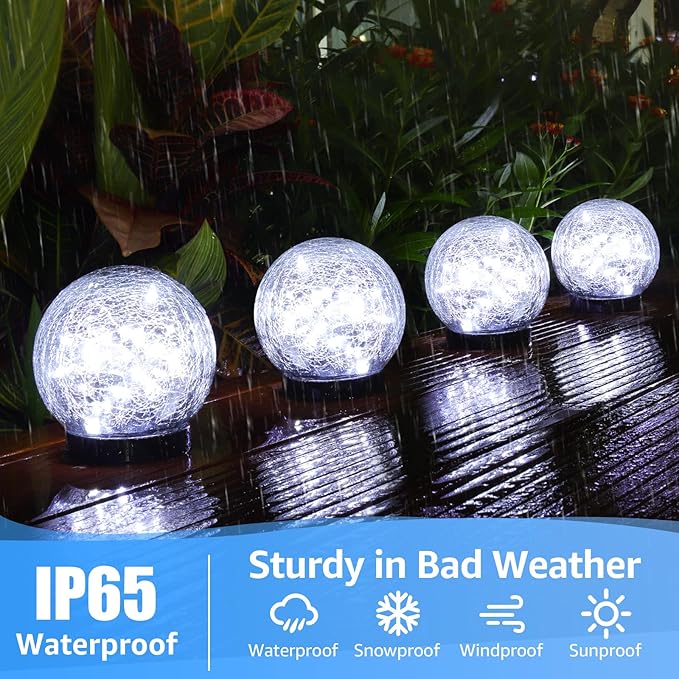 2-Pack Garden Solar Lights Outdoor, Cracked Glass Ball Light Waterproof, Decorative Solar Powered Globe Lighting Cool White for Yard Pathway