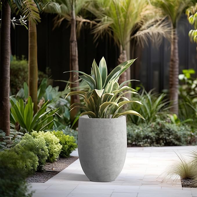 Kante 21.7" H Natural Concrete Tall Planter, Large Outdoor Indoor Decorative Pot with Drainage Hole and Rubber Plug, Modern Round Taper Style for Home and Patio