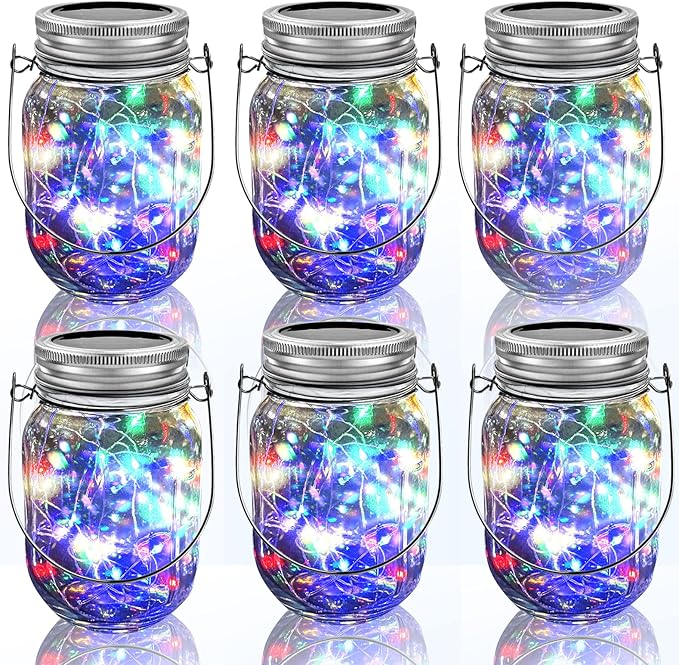 Hanging Solar Mason Jar Lights,ZQX 6 Pack 20 Led String Hanging Mason Jar Lanterns for Outdoor,Great Decor Light for Outside Patio Garden Yard Fence Wedding Table,Hangers and Jars Included（Multicolor）