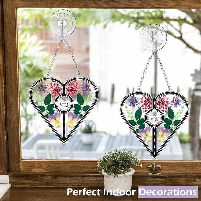 KY&BOSAM Heart Suncatcher Mom Stained Glass for Windows Hangings Wind Chimes with Pressed Flower Heart in Glass with Metal Trim Heart Charm Birthday Gifts for Women Mother`s Day Christams Home Decor