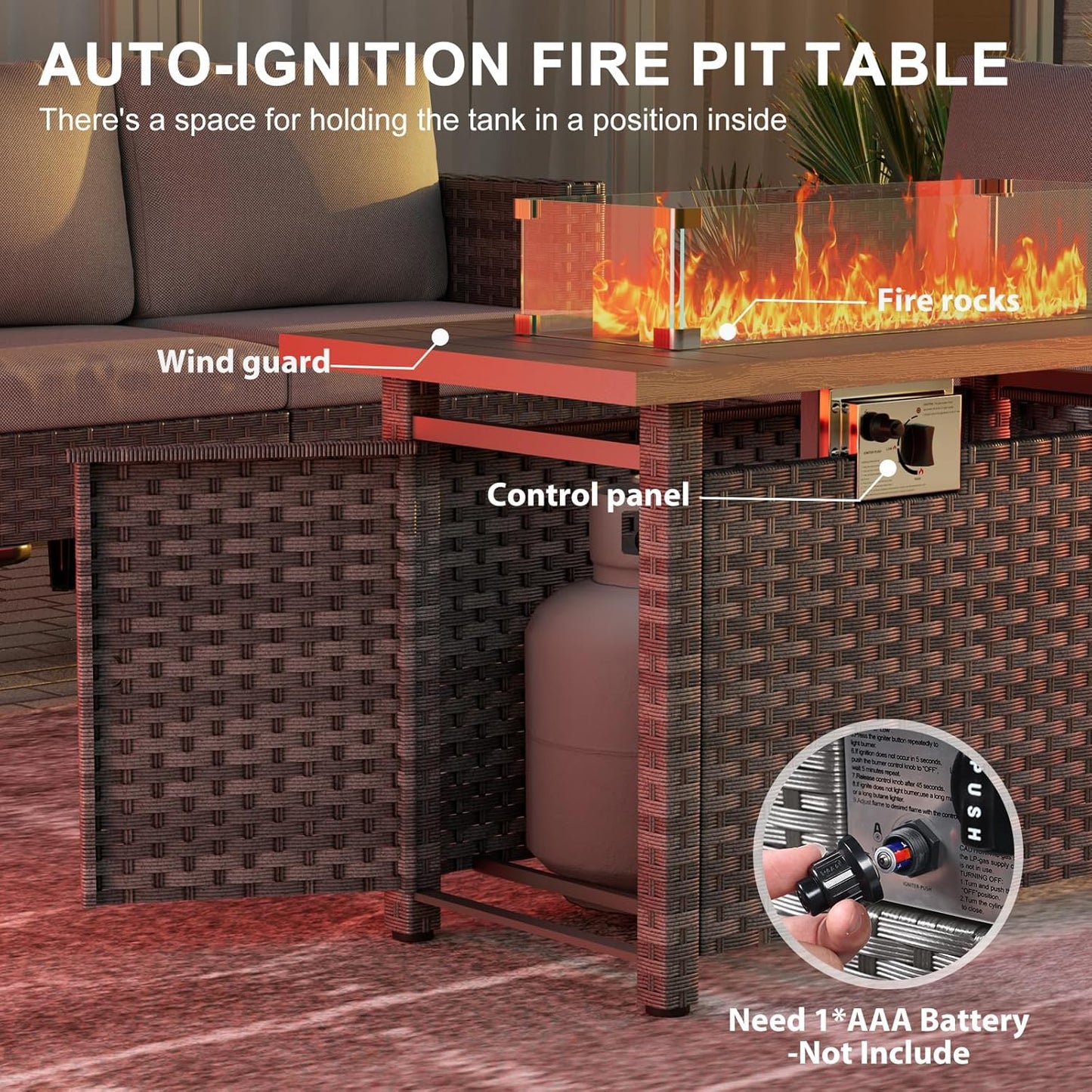 44" Fire Pit Table with Wind Guard for Outdoor, Auto-Ignition Propane Gas Firepits Rattan Rectangular Table for Outside Patio 60,000 BTU, Gray
