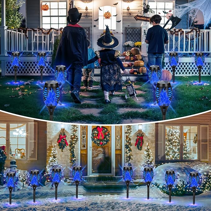 Solar Lights Outdoor, Upgraded 10 Pack Blue Solar Torch Light with Flickering Flame for Garden Decor, Waterproof Outdoor Lights Solar Powered, Tiki Torches for Outside Yard Patio Pathway Decor