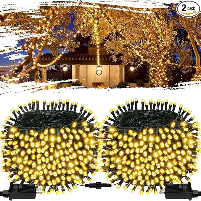 2-Pack Connectable 164FT 400LED Outdoor String Lights Waterproof, Twinkle Lights with 8 Modes, Christmas String Lights Green Wire for Holiday Party Christmas Decorations, Warm White