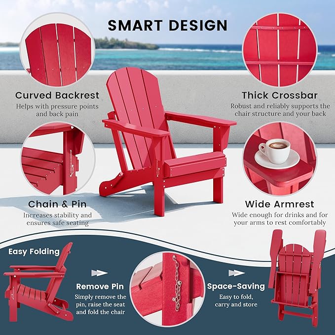 Westin Outdoors Laguna WO Home Outdoor Adirondack Folding Chair Lounger Seat Traditional Retro Home Furniture for Beach, Balcony, Backyard, Lawn, Patio, Pool, Deck, Garden (Red)