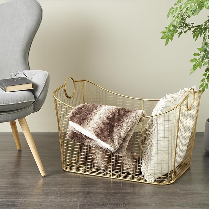 Deco 79 Metal Geometric Decorative and Functional Storage Basket Wire Grid Basket Organizer with Curved Edges Ring Handles, Basket for Storage 30" x 20" x 20", Gold