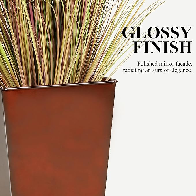 WORTH Garden 25" Large Metal Glazed Planter Set of 2, Luxurious Glossy Finish Red Tall Square Tapered Steel Plant Pots, Decor Flower Pot Indoor & Outdoor, Drainage Hole & Dual-Purpose Plant Saucer