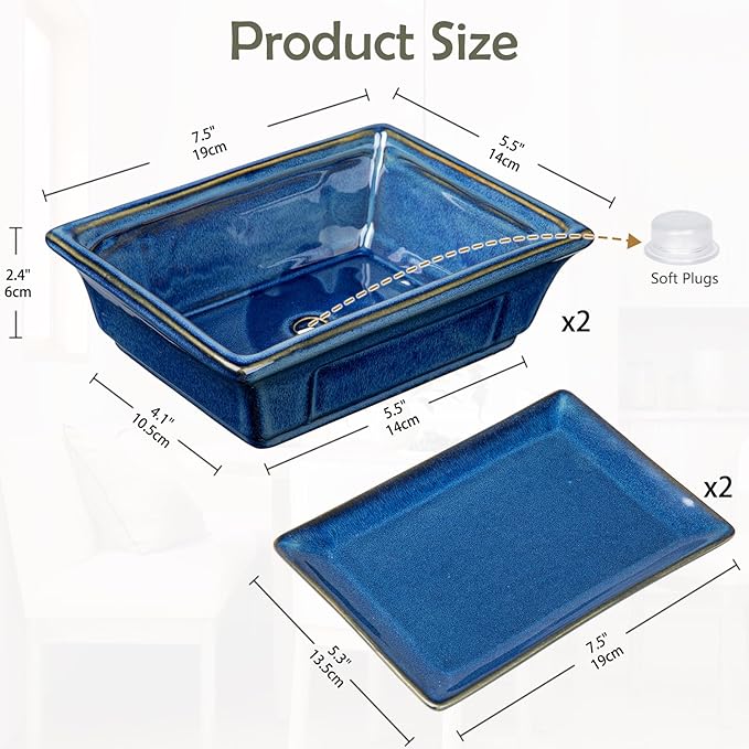 Bonsai Pots Small Shallow Succulent Planters for Live Bonsai Trees Set of 2, 7.5" Ceramic Pot for Succulents Indoor with Drainage Hole and Saucer, Outdoor Cactus Plant Bonsai Pot