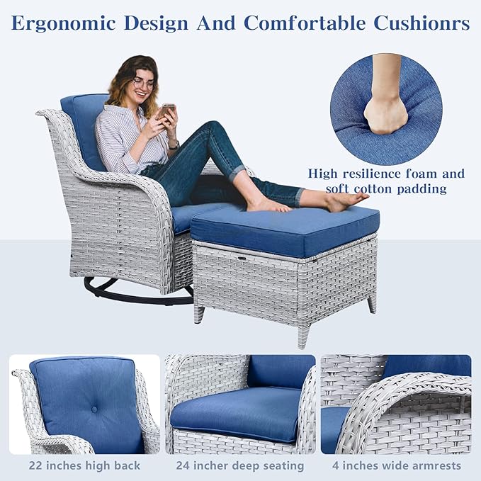Outdoor Swivel Rocker Furniture 5 Pieces Patio Wicker Furniture Sets, Rattan Patio Swivel Glider Chairs with 2 Ottoman and Glass Side Table