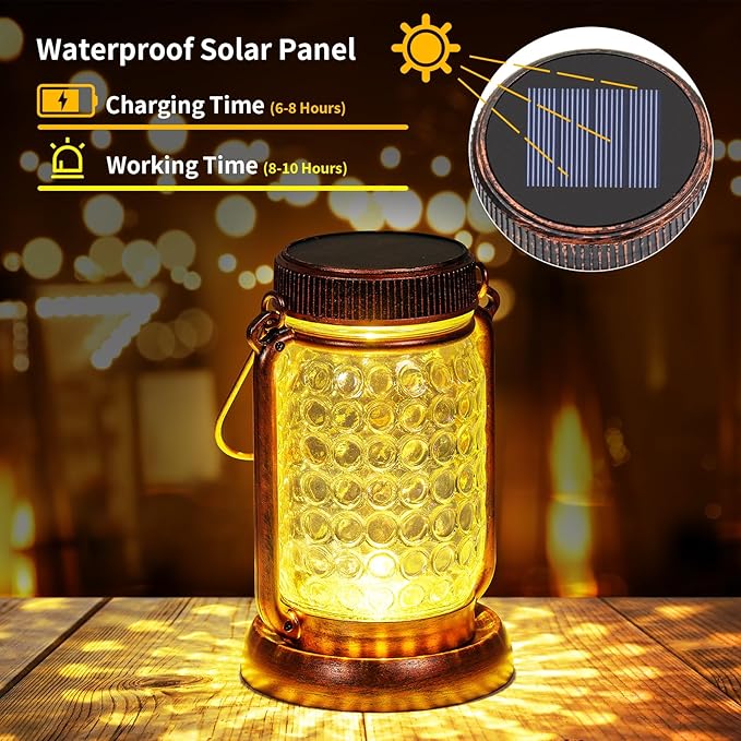 Outdoor Garden Decor, 4 Pack Solar Lantern Waterproof Warmwhite Mason Jar Hanging Lights, Porch Decorative for Garden Yard Patio Backyard Deck Courtyard Lawn