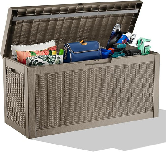 60 Gallon Resin Deck Box, Lockable Outdoor Storage Box for Patio Cushions Storage Furniture,Garden Tools, Pool Supplies, Weatherproof and UV Resistant (Grey Rattan)