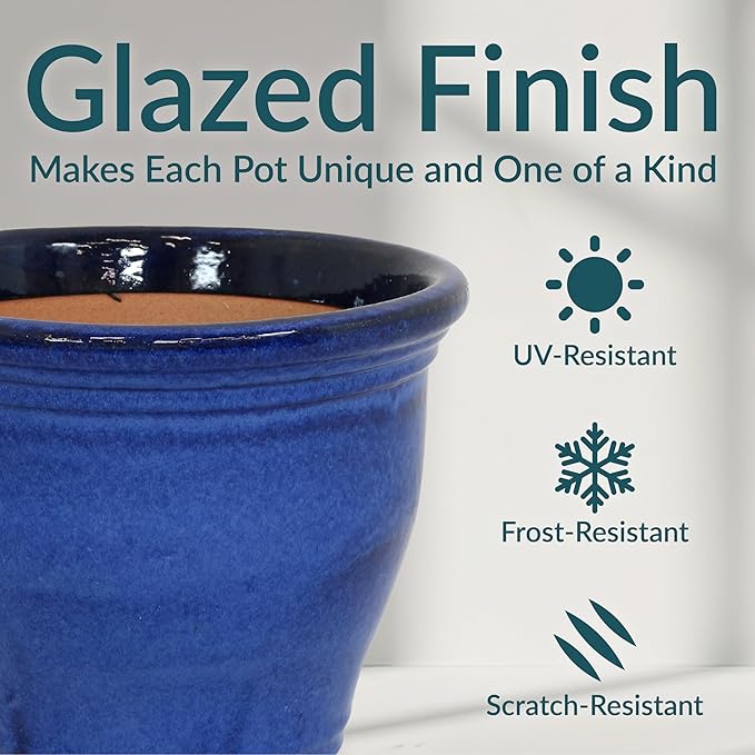 Sunnydaze Studio Large Ceramic Plant Pot - Round Outdoor Glazed Ceramic Planter Pot with Drainage - Imperial Blue - 14.5"