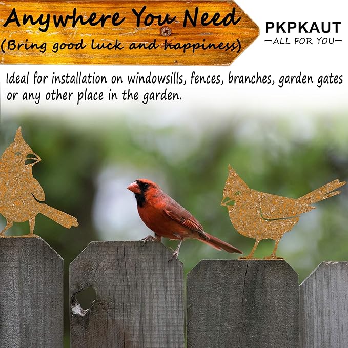 5Pcs Metal Birds Cardinal Craft Statue Ornaments Fence Topper Decor, Rusty Birds Metal Art for Fence Decorations Outdoor, Metal Bird Silhouette with Rusty Yard Art