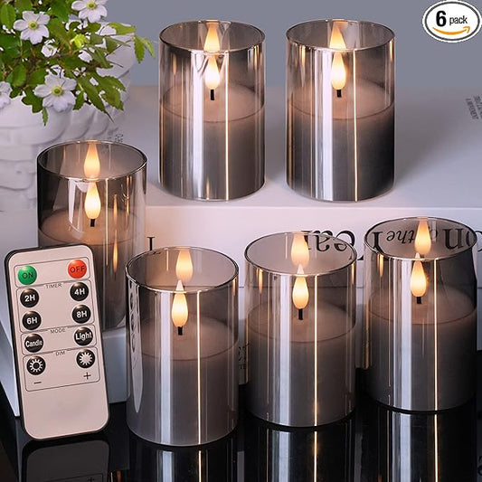 6Pack Glass Flickering Flameless Candles with Remote, 2"X3" Real Wax Votive Candles Battery Operated, Small Electric LED Candles for Wedding Home Decor, w/4 Timers+2 Lighting Modes [Gray]