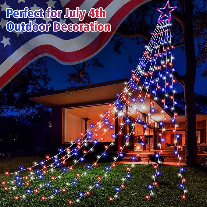 4th of July Decorations Lights, Red White Blue String Lights 320 LED 11.5 Ft Flag Stars Patriotic Light with Big Star Topper Waterproof 8 Light Modes for Indoor Outdoor Memorial Day Independence Day