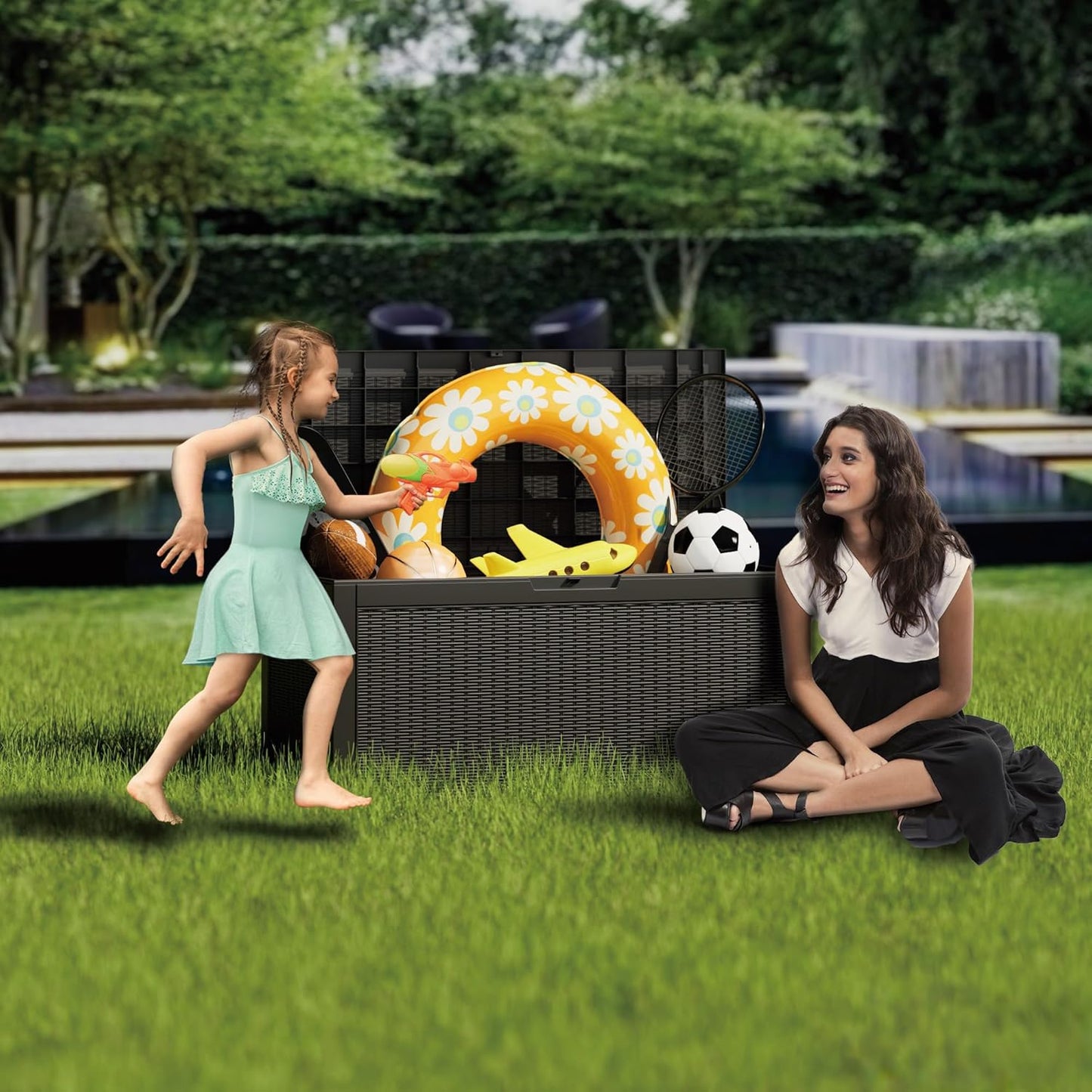 100GAL Black Wicker - Textured Outdoor Deck Box with Lockable – Waterproof, SGS - Verified UV Resistance, Stylish Storage for Patio Furniture & Outdoor Toys, Quick Assembly