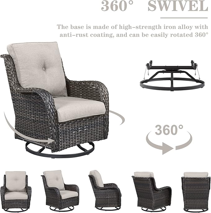 Wicker Patio Furniture Sets - 8 Piece Outdoor Rattan Furniture Conversation Sets with 4 Swivel Rocker Chairs, Rattan Sofa, Wicker Ottomans and Coffee Table, Brown/Beige