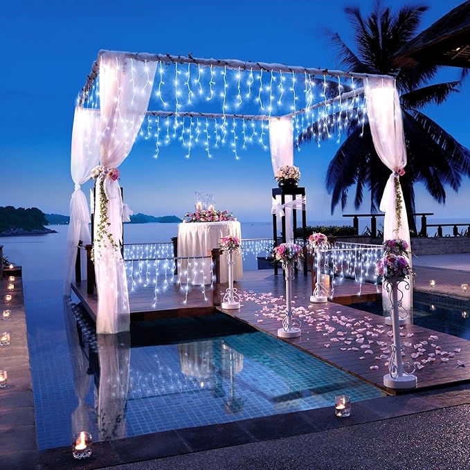 Icicle Lights for Outside, 33FT 400 LED Icicle Christmas Lights with 8 Modes 75 Drops, Waterproof Plug in Curtain String Lights for Outdoor Indoor House Yard Roof Wedding Decorations, White