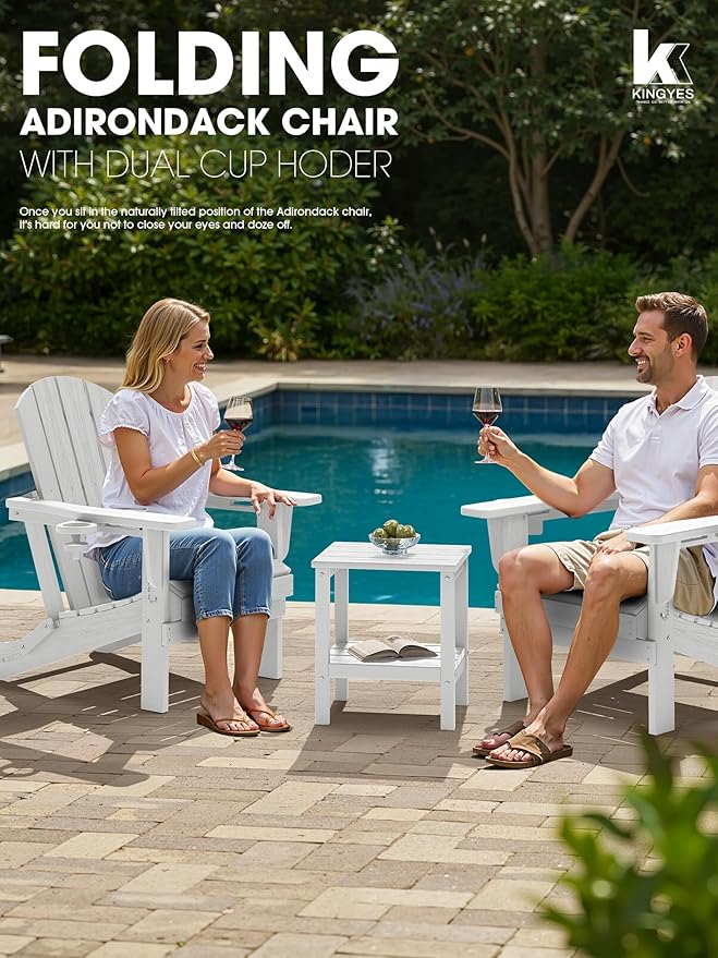 KINGYES Folding Adirondack Chair Set of 4, Dual Cup Holders & All-Weather HDPE, Wood-Like Patio Chair for Backyard, Camping, Pool & Fire Pit, White