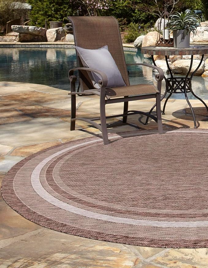 Unique Loom Outdoor Border Collection Area Rug - Soft Border (13' Round, Brown/ Ivory)