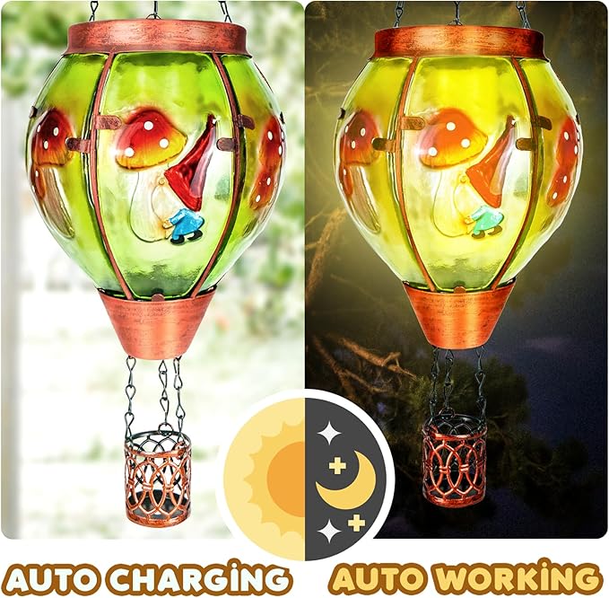 2 Pack Solar Hot Air Balloon Lantern with Flame，Mushroom Gnome Glass Solar Hanging Lanterns Outdoor for Outside Garden Patio Tree Porch Yard, Mushroom Gifts for Women Grandma Mom - Mushroom
