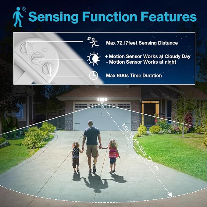 Olafus 65W Motion Sensor Outdoor Light, 2 Pack LED Security Light 6000LM, 6500K Exterior Motion Flood Light with 3 Adjustable Heads, for Outside Garage, Yard, Patio, IP65 Waterproof, White