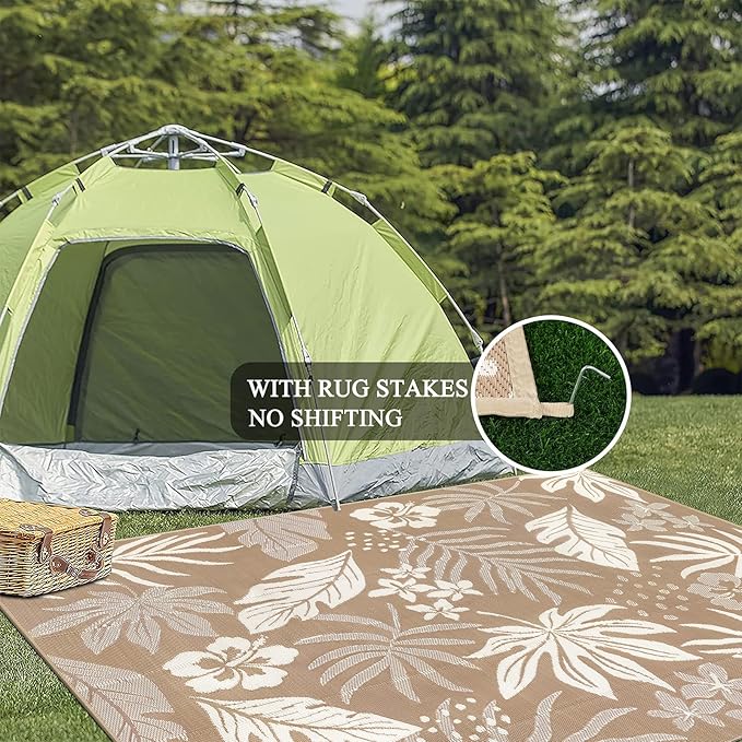 Pauwer Waterproof Outdoor Rug 9x12, Reversible Plastic Straw Patio Camping Rug, Indoor Outdoor RV Mat Carpet for Deck, Camper, Porch, Balcony, Backyard, Picnic, Floral Brown