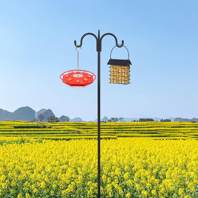 FEED GARDEN Adjustable Double Shepherds Hook for Outdoor with 5 Prong Base 76 Inch Heavy Duty Two Sided Bird Feeder Pole for Hanging Plant Baskets, Solar Light Lanterns, Wind Chimes