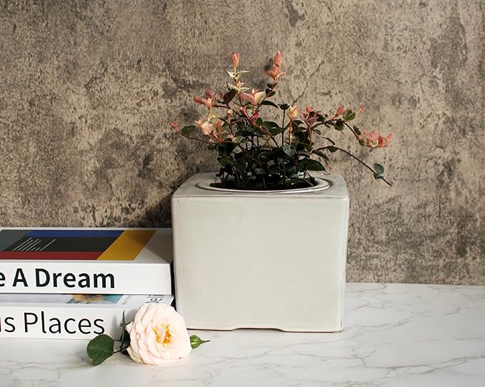 2-Pack Ceramic African Violet Self Watering Pot 6 Inch Square Pot 3.5 Inch Innter Pot Easy Fill Water Reservoir White