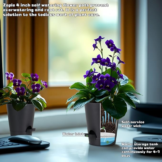 12 Pack 4 Inch Self Watering Plant Pots with Drainage and Saucers，Plastic Flower Pots for Indoor and Outdoor Plants, Nursery Planters for Houseplants and Herbs Black, 4 inch 12pcs