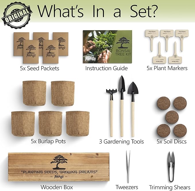 Bonsai Tree Kit for Beginners – 5X Unique Japanese Bonzai Trees | Complete Indoor Starter Kit for Growing Plants with Bonsai Seeds, Tools & Planters – Gardening Gifts for Women & Men